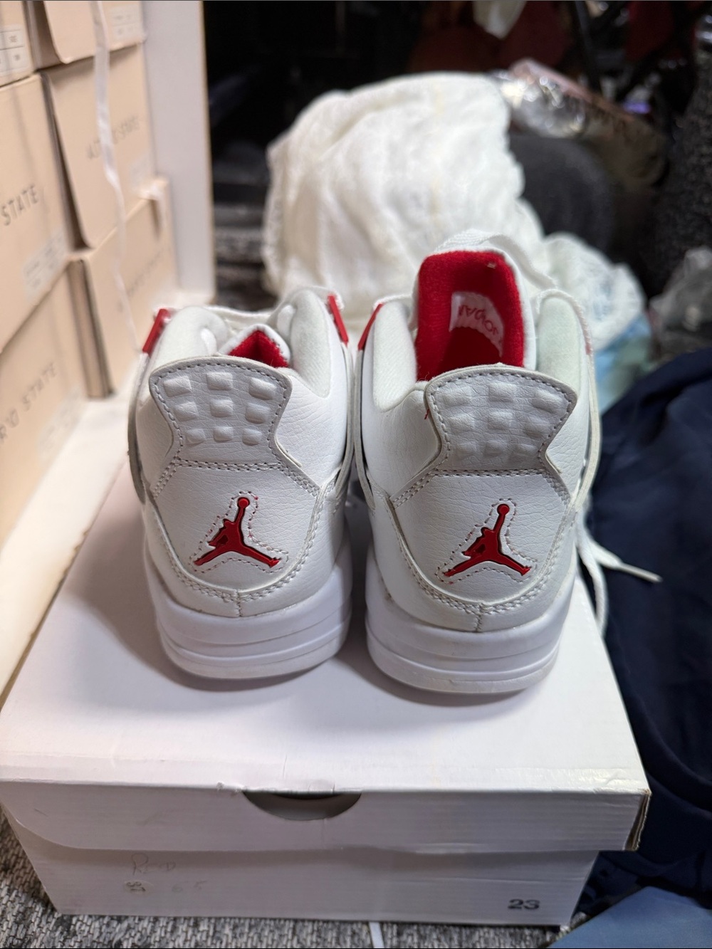 Nike Jordan 4 White and Red Retro Basketball Sneakers - Picture 2 of 6